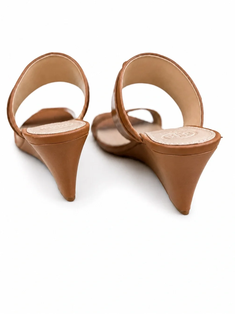 Tory Burch Double T Leather Wedge Slide Sandals – Tan/Camel – Women’s Size 6.5M